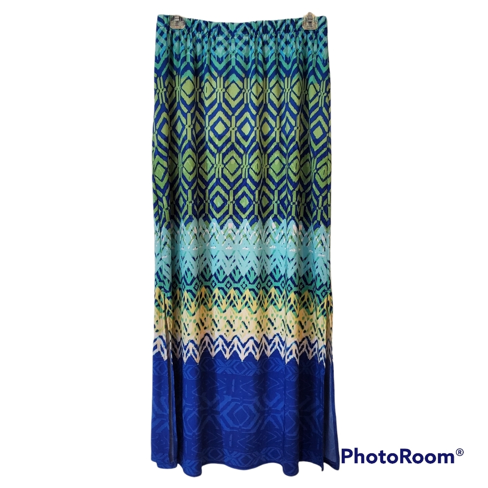 Chico’s 1 Diamond Print Maxi Skirt Blue Green